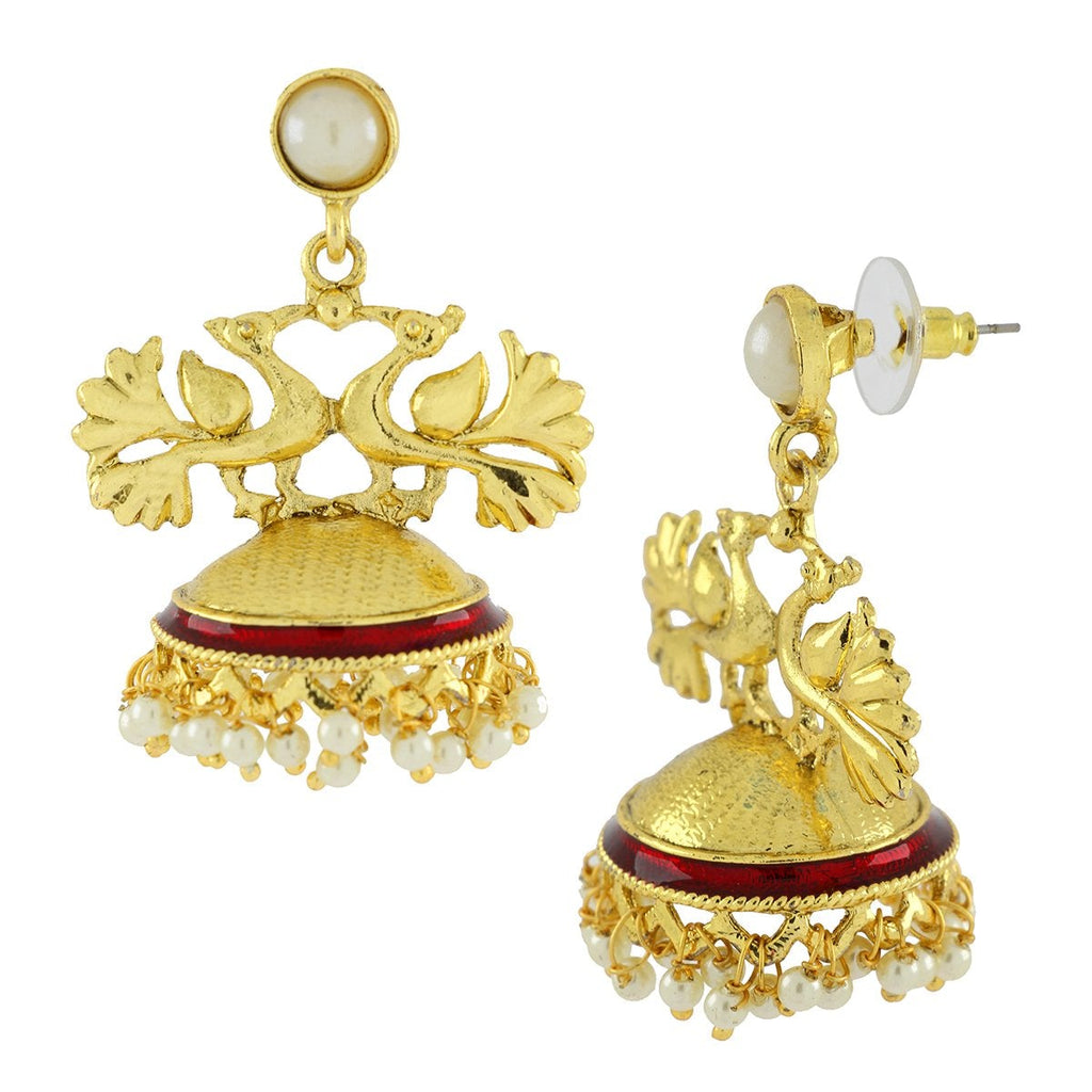 Peacock Crown Gold Plated Maroon Meenakari Jhumki Earring Women Bulk