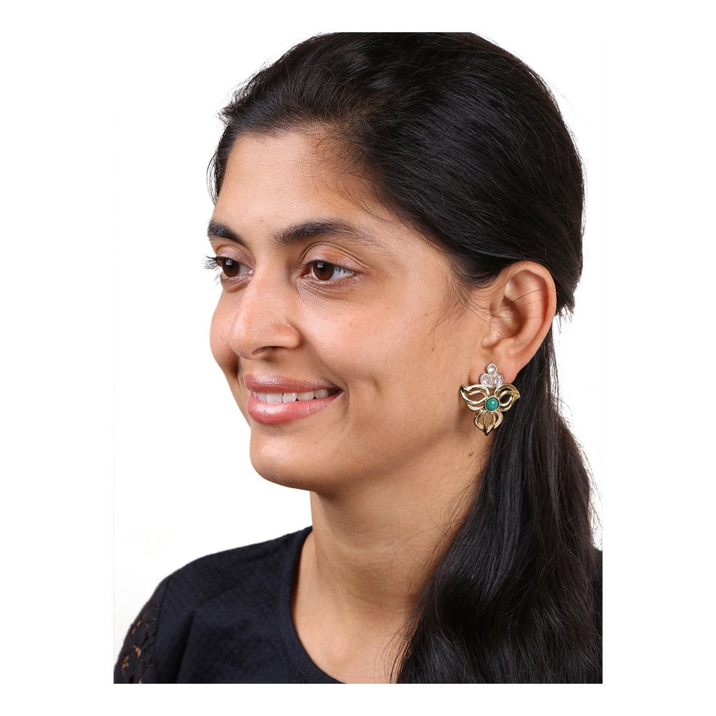 Cute Gold Plated Kundan Emerald Green Filigree Stud Earring Bulk