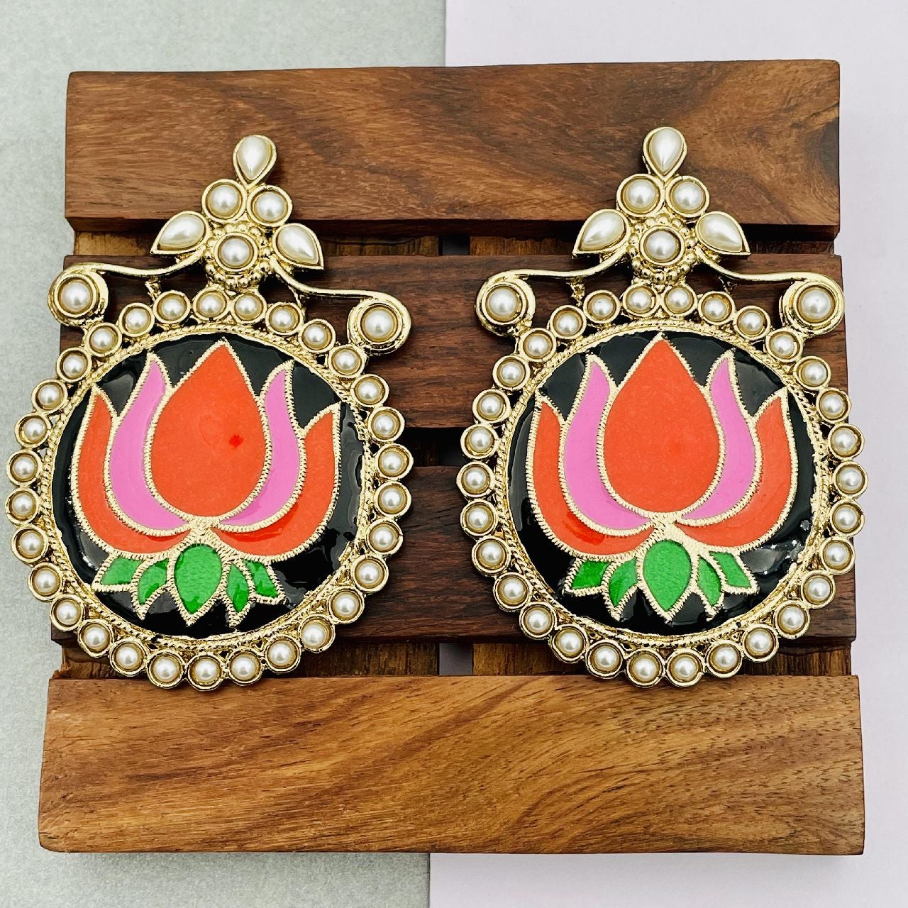 Statement Large Lotus Flower Pink Green Orange Black Stud Earring Main image