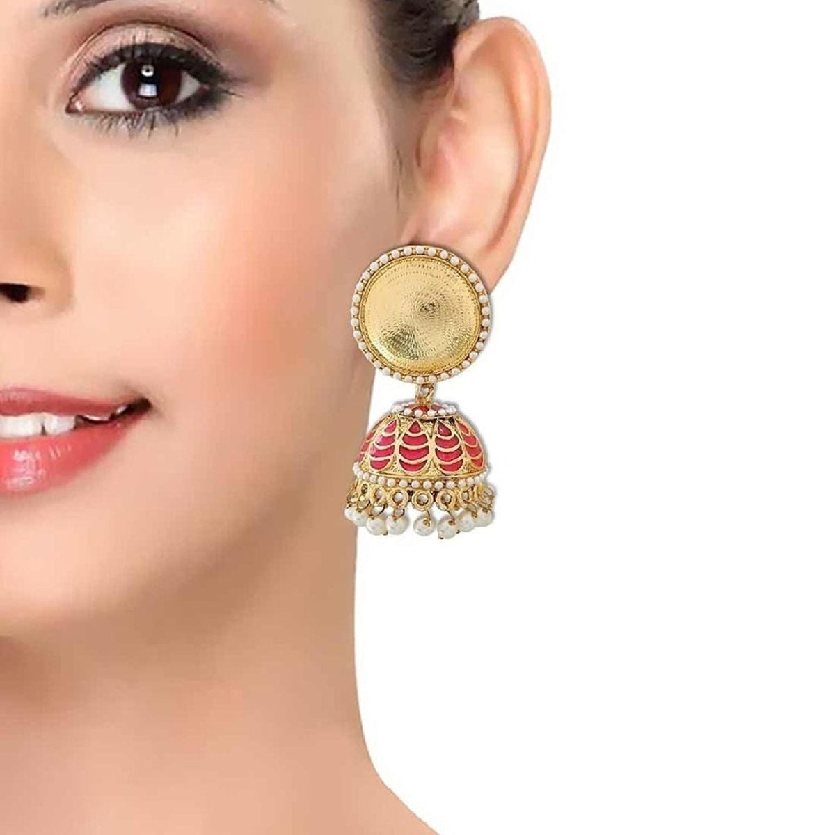 Antique Meenakari Gold Plated Rani Pink Jhumki Earring For Women Bulk