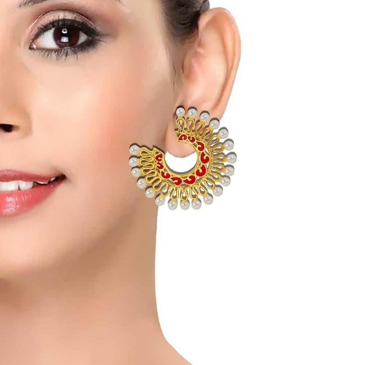 Chaand Bali Filigree Gold Red Meenakari Pearl Earring For Women Bulk