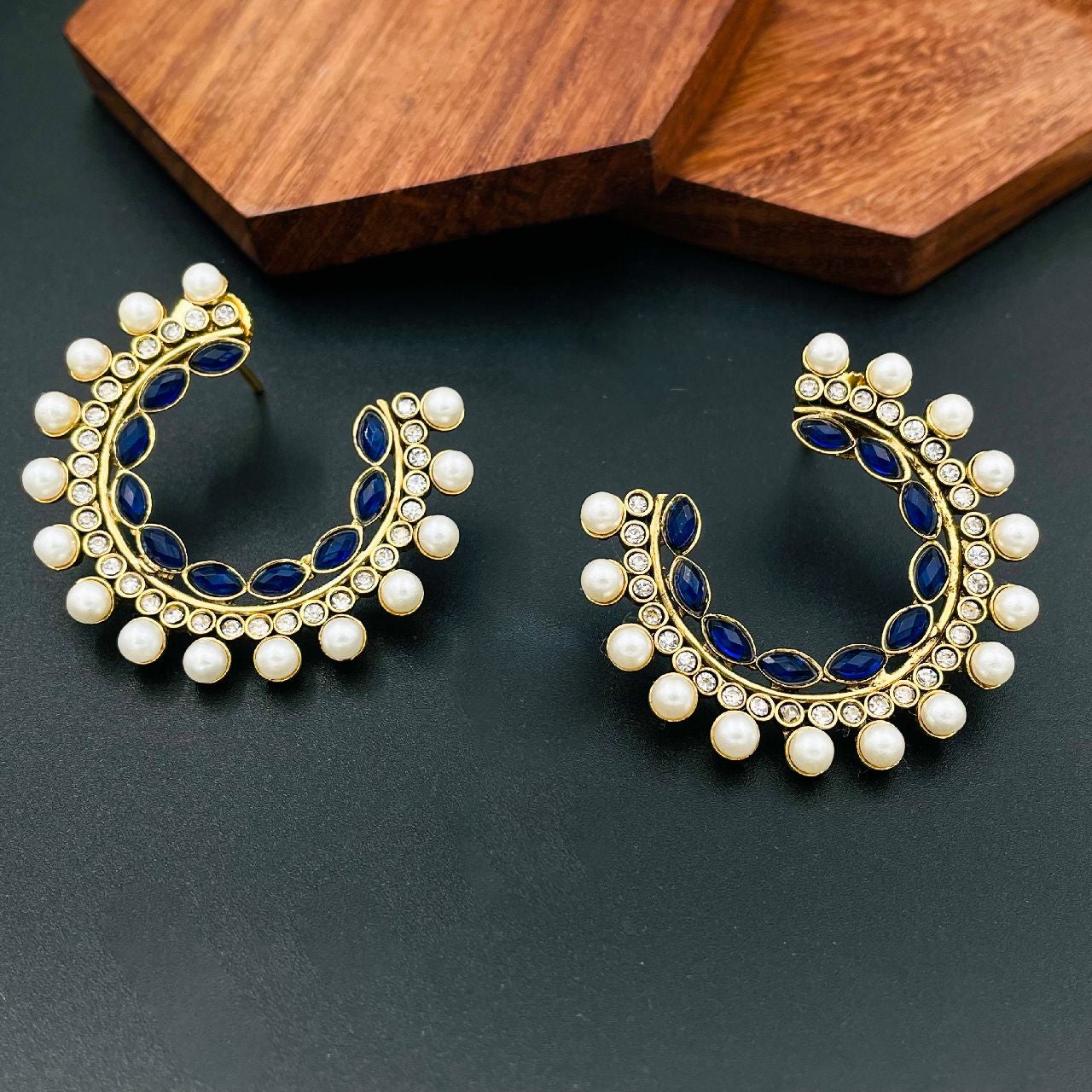 Chaand Bali Marquise Gold Plated Blue Pearl Earring For Women Bulk Main image