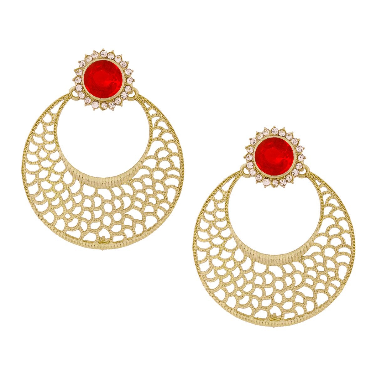 Chaand Bali Filigree Antique Rhodium Plated Red Earring For Women Main image