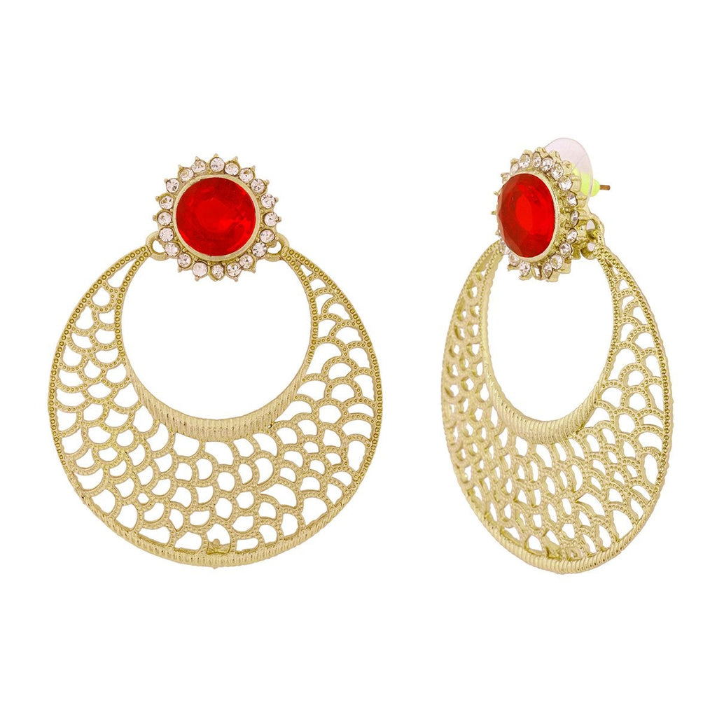 Chaand Bali Filigree Antique Rhodium Plated Red Earring For Women
