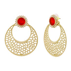 Chaand Bali Filigree Antique Rhodium Plated Red Earring For Women