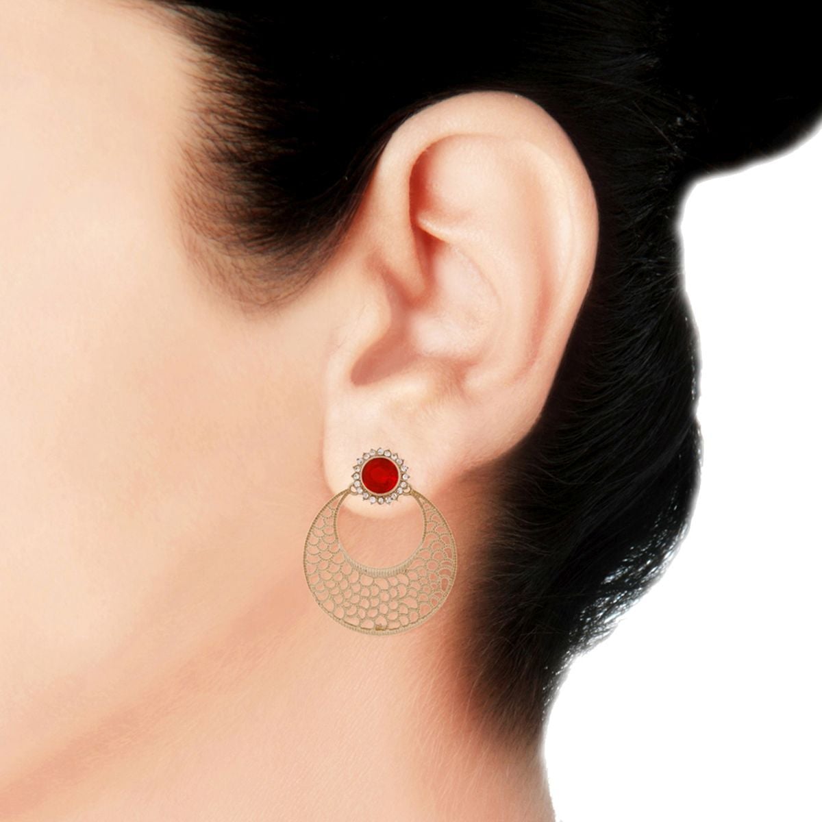 Chaand Bali Filigree Antique Rhodium Plated Red Earring For Women