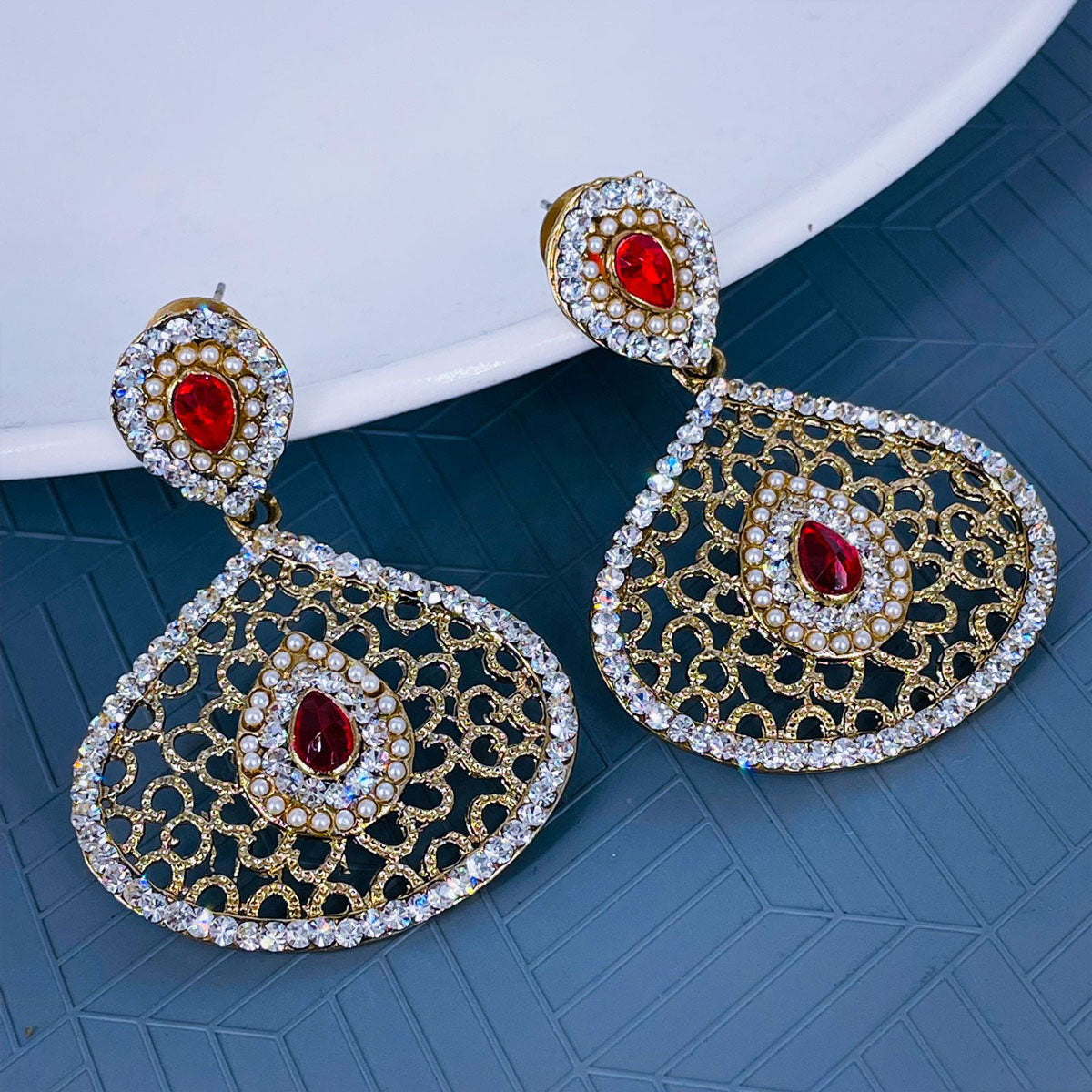 Filigree Pear Red Antique Rhodium Dangling Earring For Women Bulk