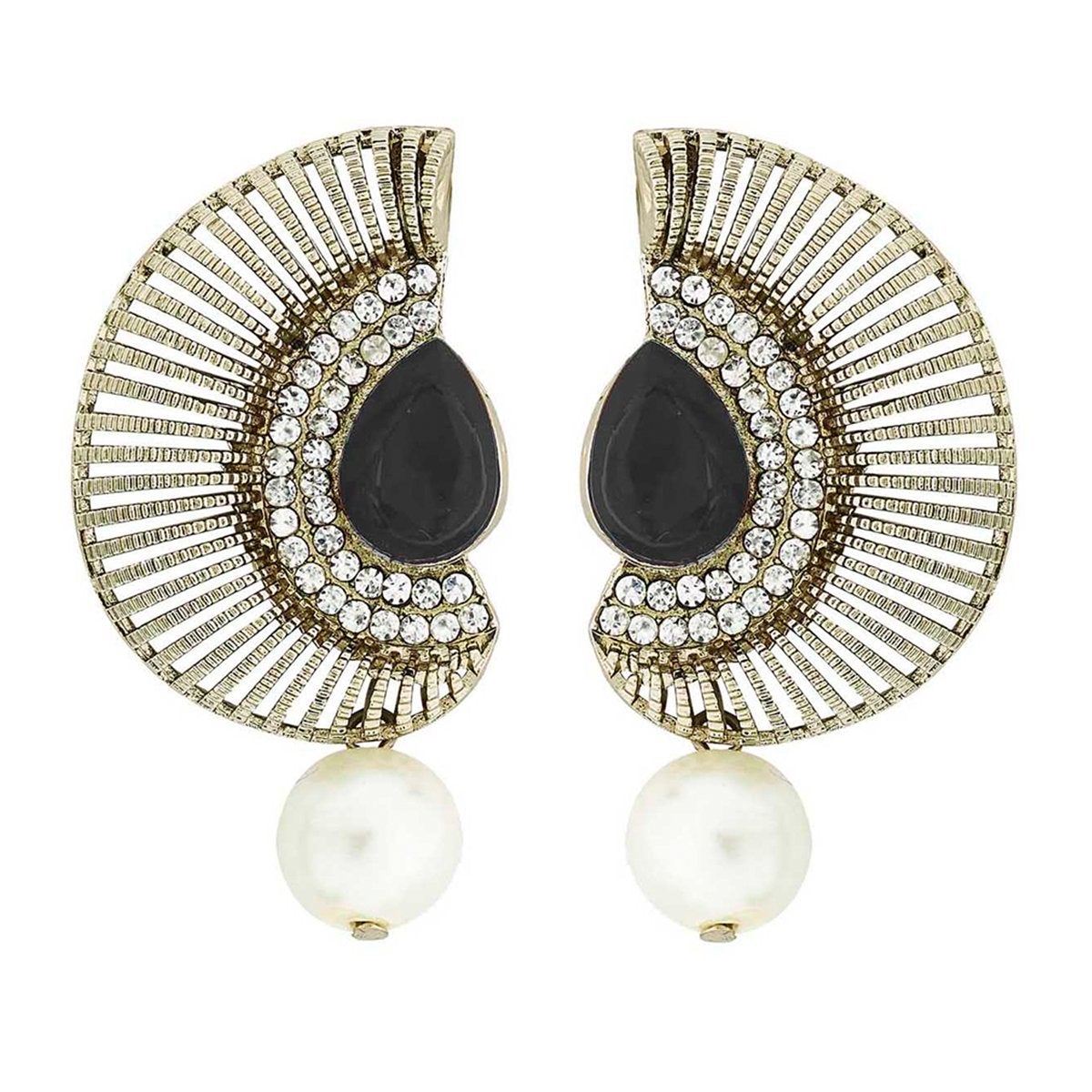 Filigree Crescent Antique Rhodium Black CZ Pearl Earring Women Bulk Main image