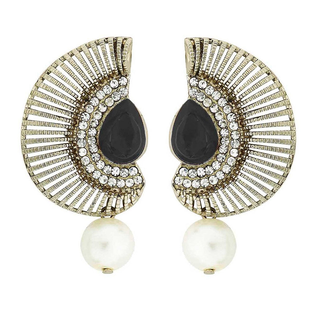 Filigree Crescent Antique Rhodium Black CZ Pearl Earring Women Bulk