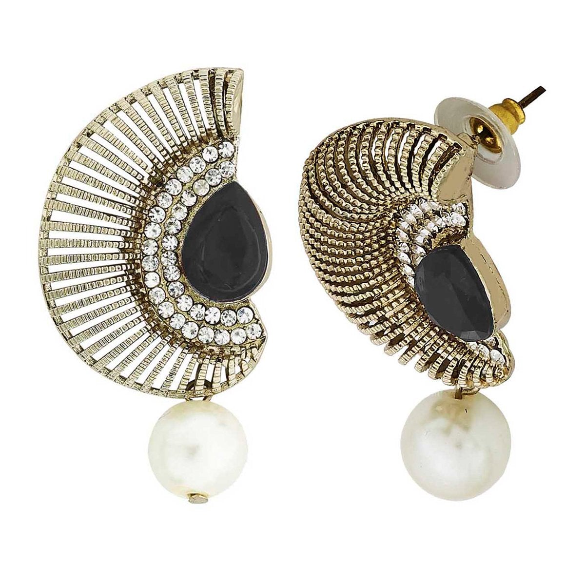 Filigree Crescent Antique Rhodium Black CZ Pearl Earring Women Bulk Secondary image