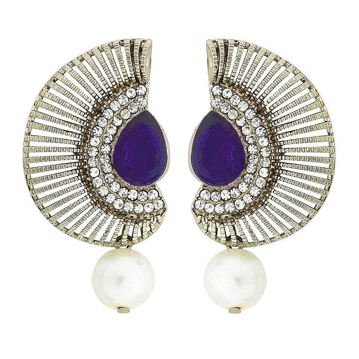 Filigree Crescent Antique Rhodium Blue Cz Pearl Earring For Women Main image