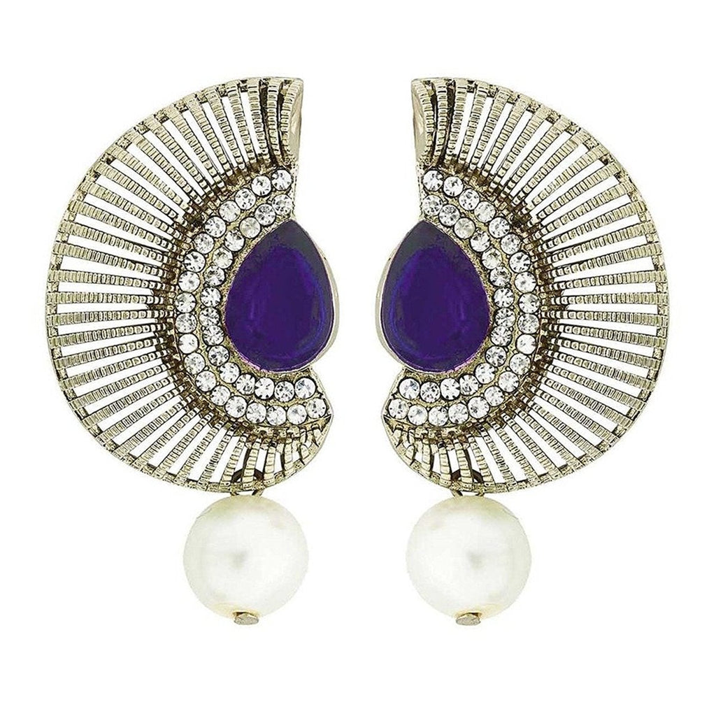Filigree Crescent Antique Rhodium Blue Cz Pearl Earring For Women