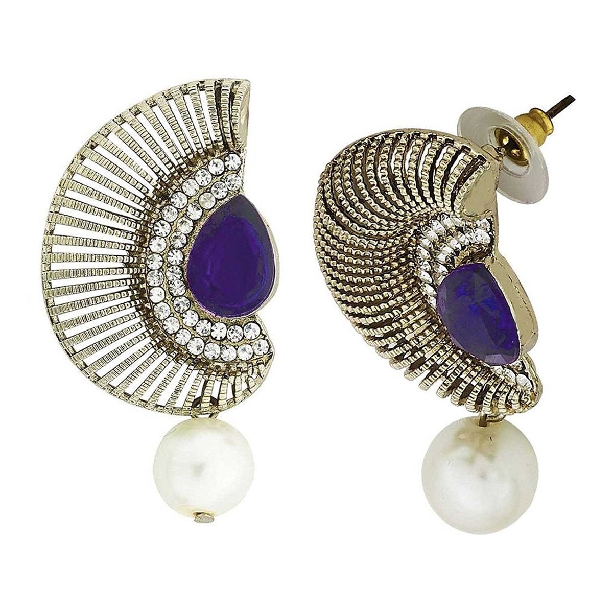 Filigree Crescent Antique Rhodium Blue Cz Pearl Earring For Women Secondary image