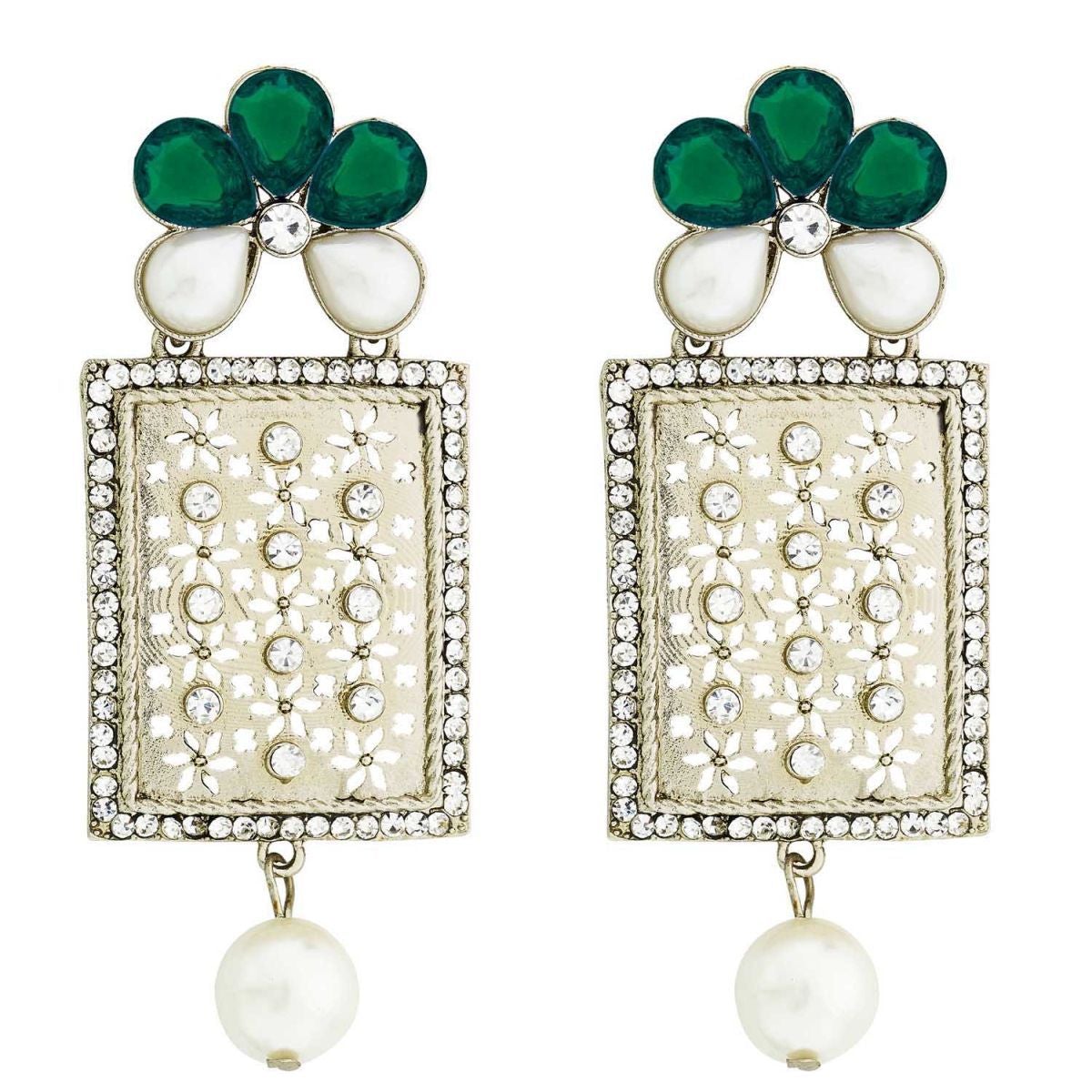 Designer American Diamond Green Pearl Rhodium Long Earring Women Bulk Main image