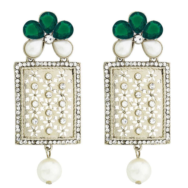 Designer American Diamond Green Pearl Rhodium Long Earring Women Bulk Main image
