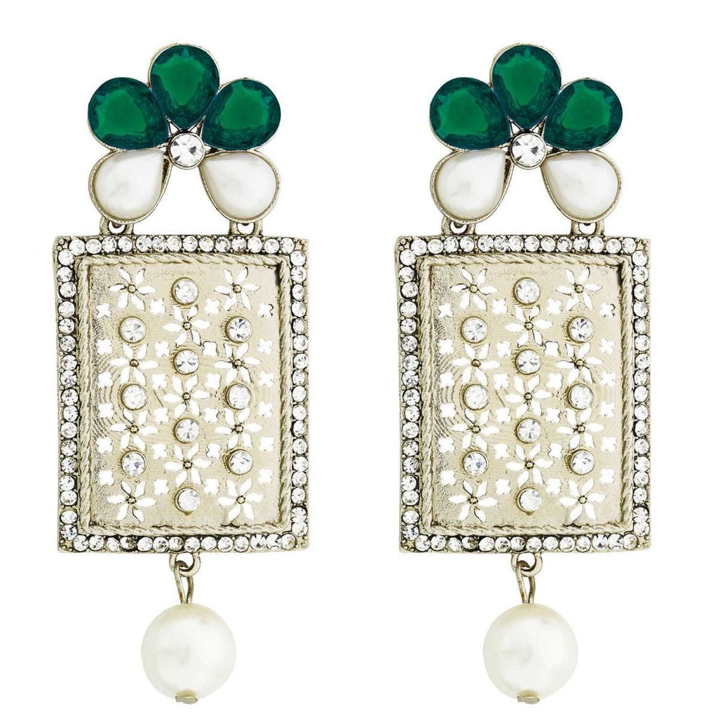 Designer American Diamond Green Pearl Rhodium Long Earring Women Bulk