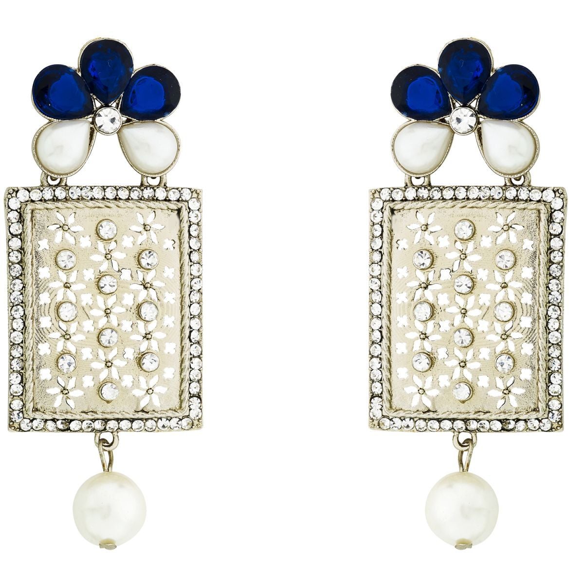 Designer American Diamond Blue Pearl Rhodium Long Earring Women Bulk Secondary image