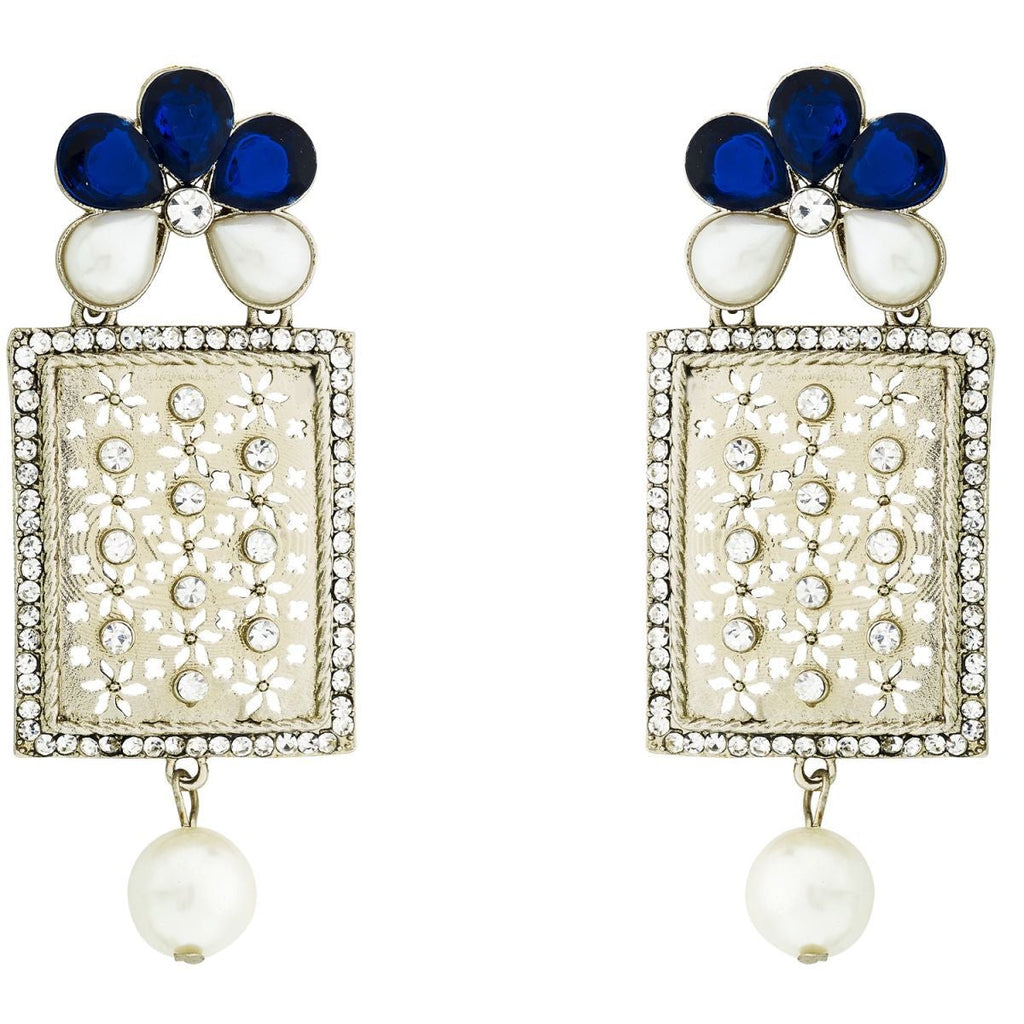 Designer American Diamond Blue Pearl Rhodium Long Earring Women Bulk