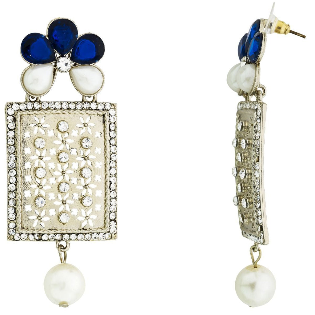 Designer American Diamond Blue Pearl Rhodium Long Earring Women Bulk