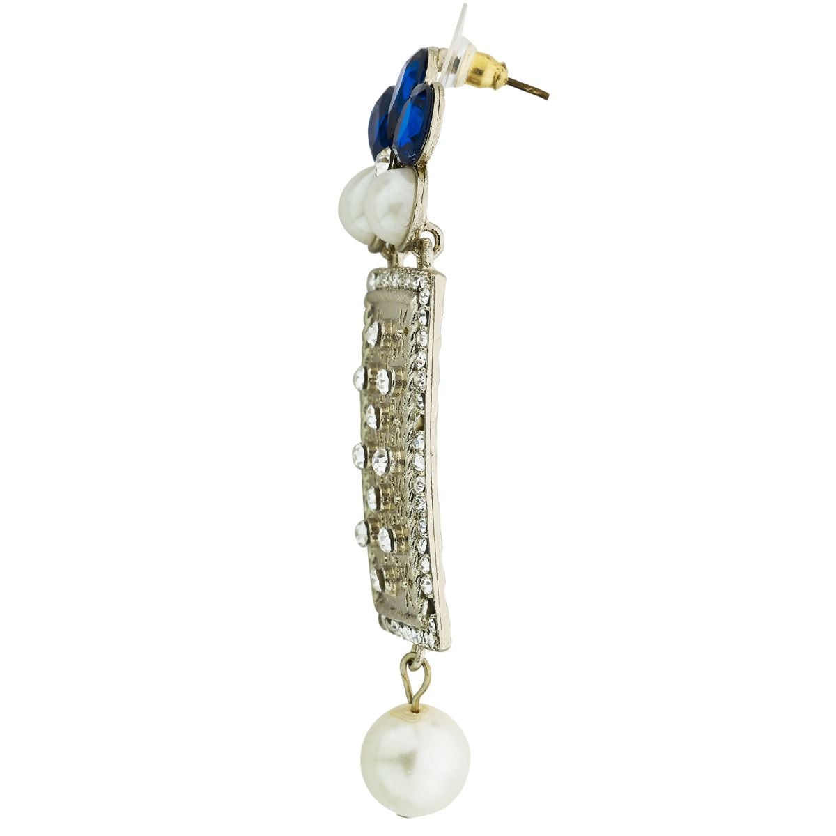 Designer American Diamond Blue Pearl Rhodium Long Earring Women Bulk