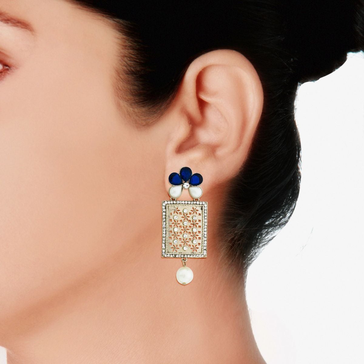 Designer American Diamond Blue Pearl Rhodium Long Earring Women Bulk