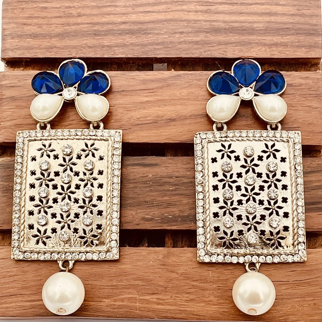 Designer American Diamond Blue Pearl Rhodium Long Earring Women Bulk