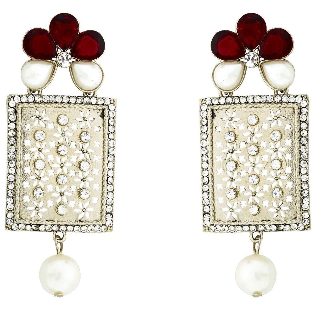 Designer American Diamond Ruby Red Pearl Rhodium Long Earring Bulk