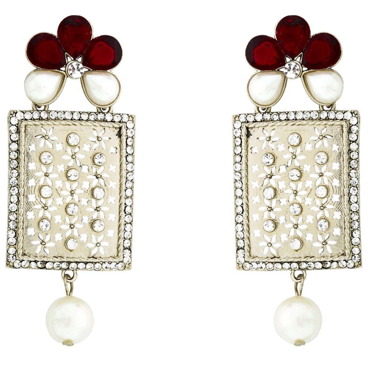 Designer American Diamond Ruby Red Pearl Rhodium Long Earring Bulk