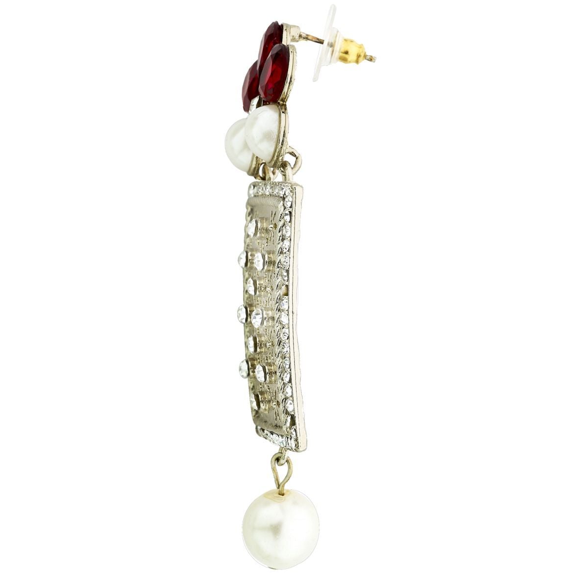 Designer American Diamond Ruby Red Pearl Rhodium Long Earring Bulk