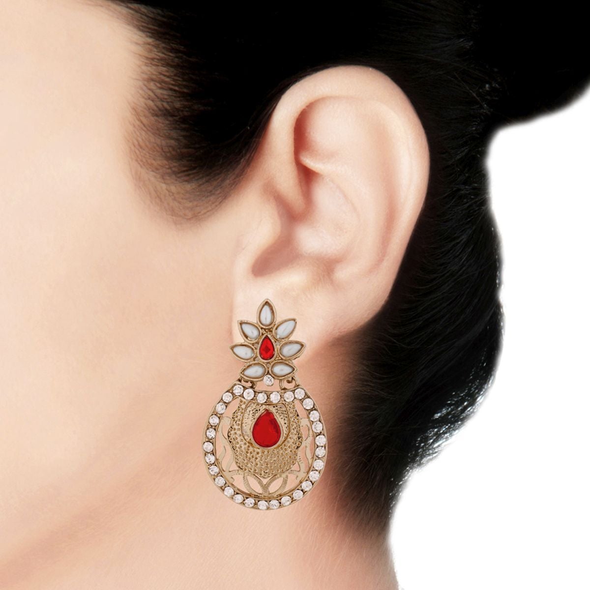 Flower Filigree Antique Rhodium Pearl Red Earring For Women Bulk