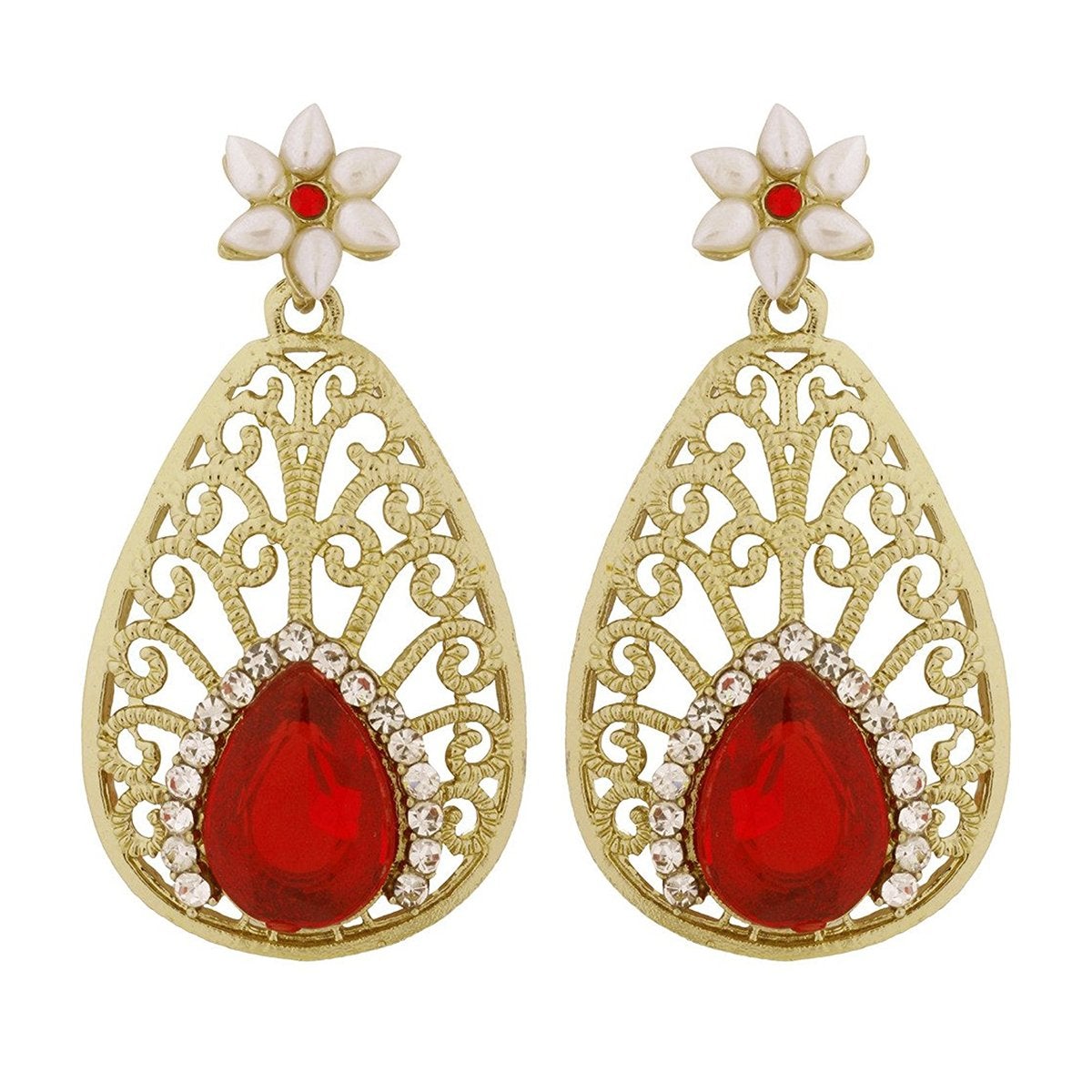 Pear Flower Filigree Antique Rhodium Pearl Red Earring For Women Bulk