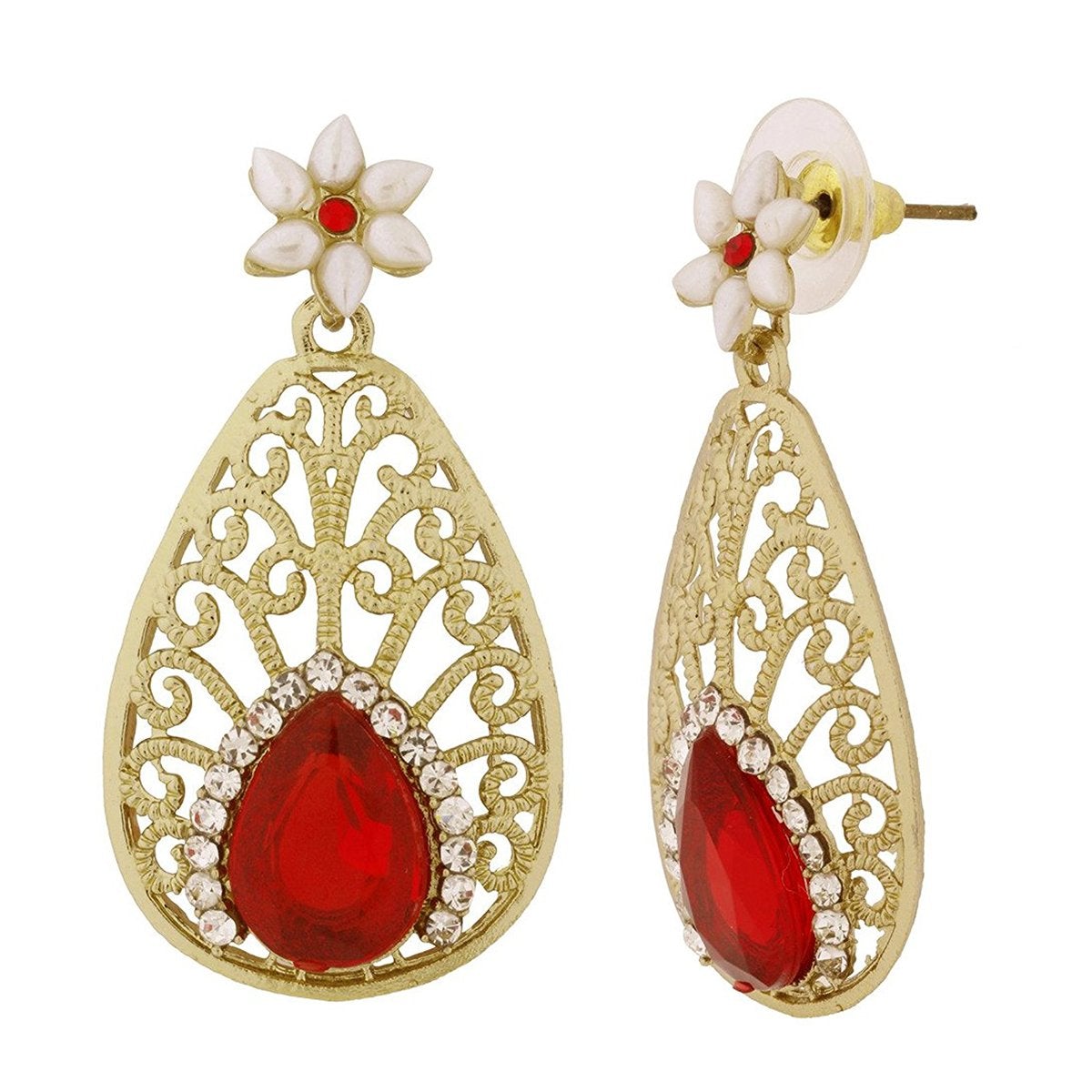 Pear Flower Filigree Antique Rhodium Pearl Red Earring For Women Bulk