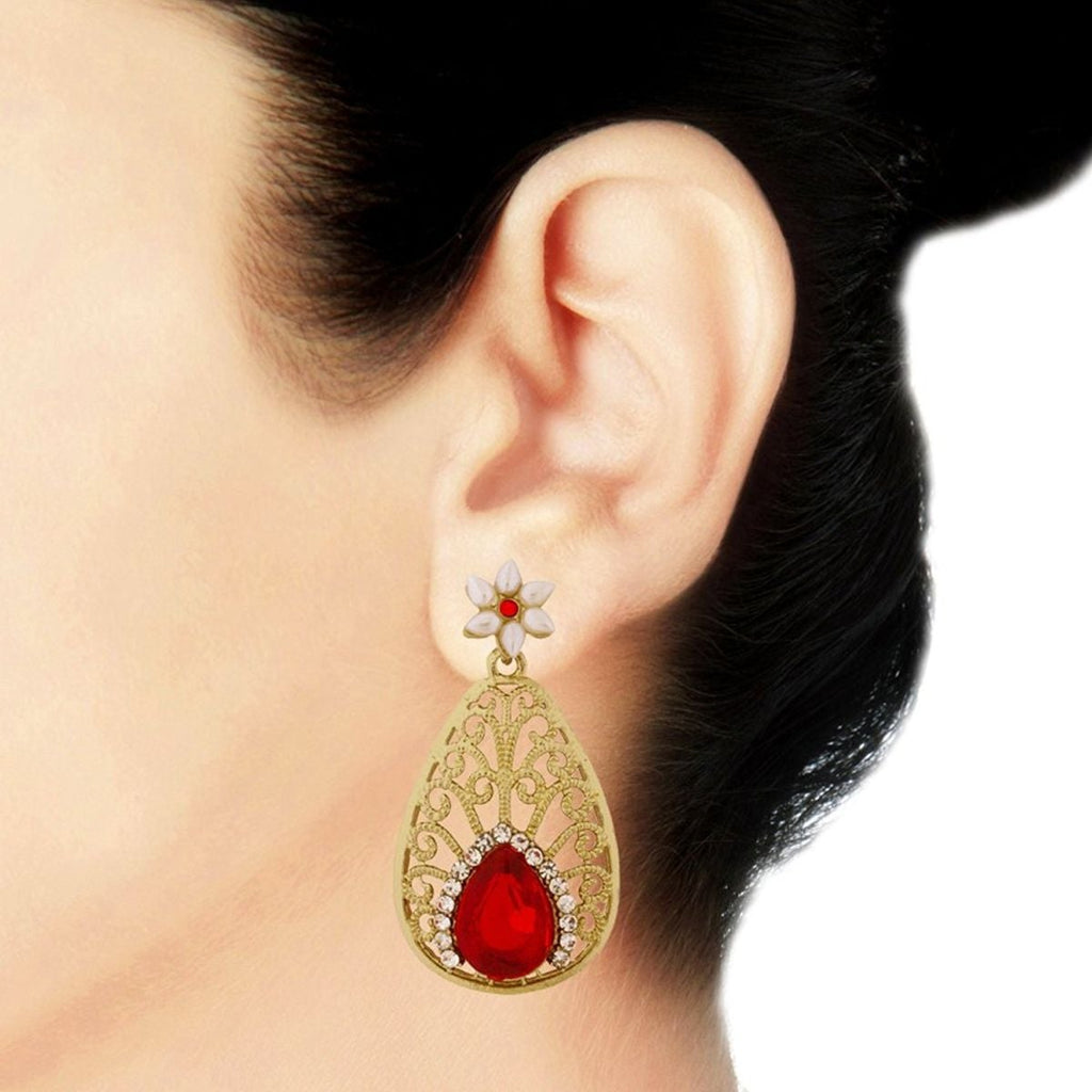 Pear Flower Filigree Antique Rhodium Pearl Red Earring For Women Bulk