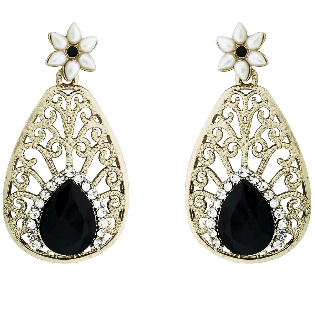 Pear Flower Filigree Antique Rhodium Pearl Black Earring Women Bulk Main image