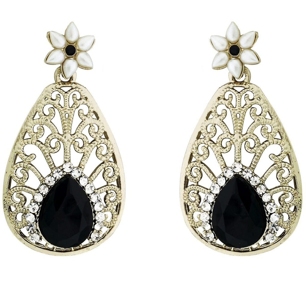 Pear Flower Filigree Antique Rhodium Pearl Black Earring Women Bulk