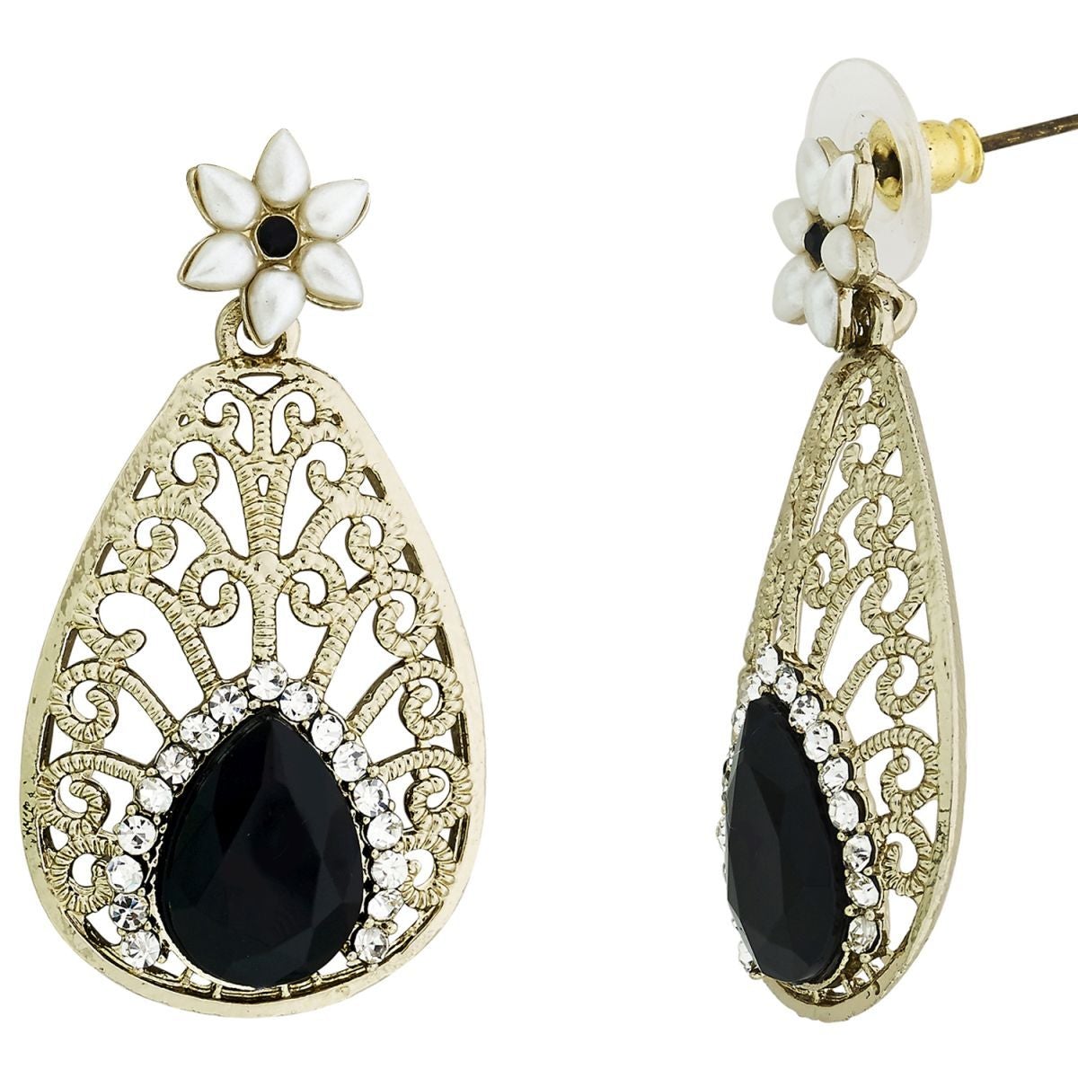 Pear Flower Filigree Antique Rhodium Pearl Black Earring Women Bulk