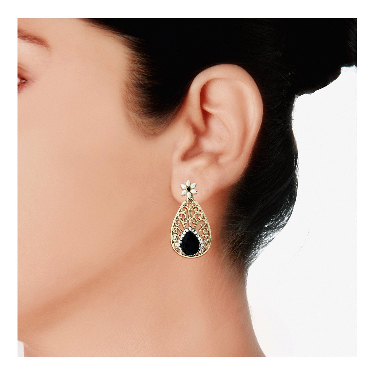 Pear Flower Filigree Antique Rhodium Pearl Black Earring Women Bulk
