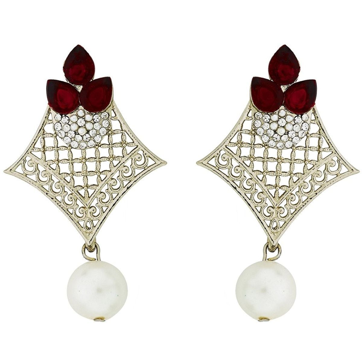 Pear Flower Filigree Antique Rhodium Pearl Red Earring For Women Bulk Main image