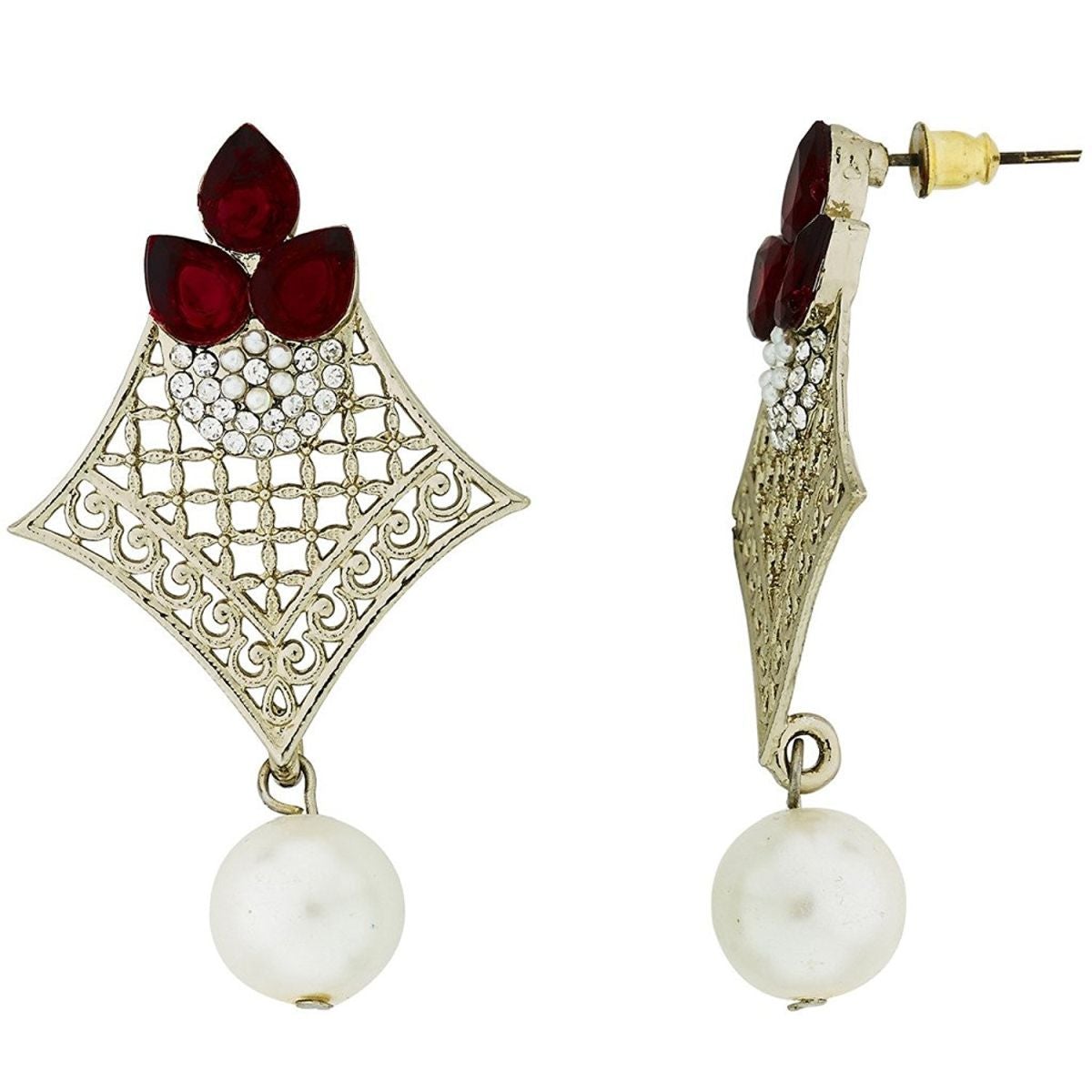 Pear Flower Filigree Antique Rhodium Pearl Red Earring For Women Bulk Secondary image