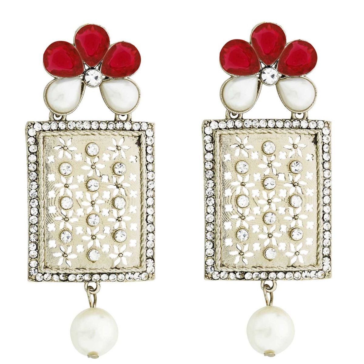 Designer American Diamond Pink Pearl Rhodium Long Earring Women Bulk
