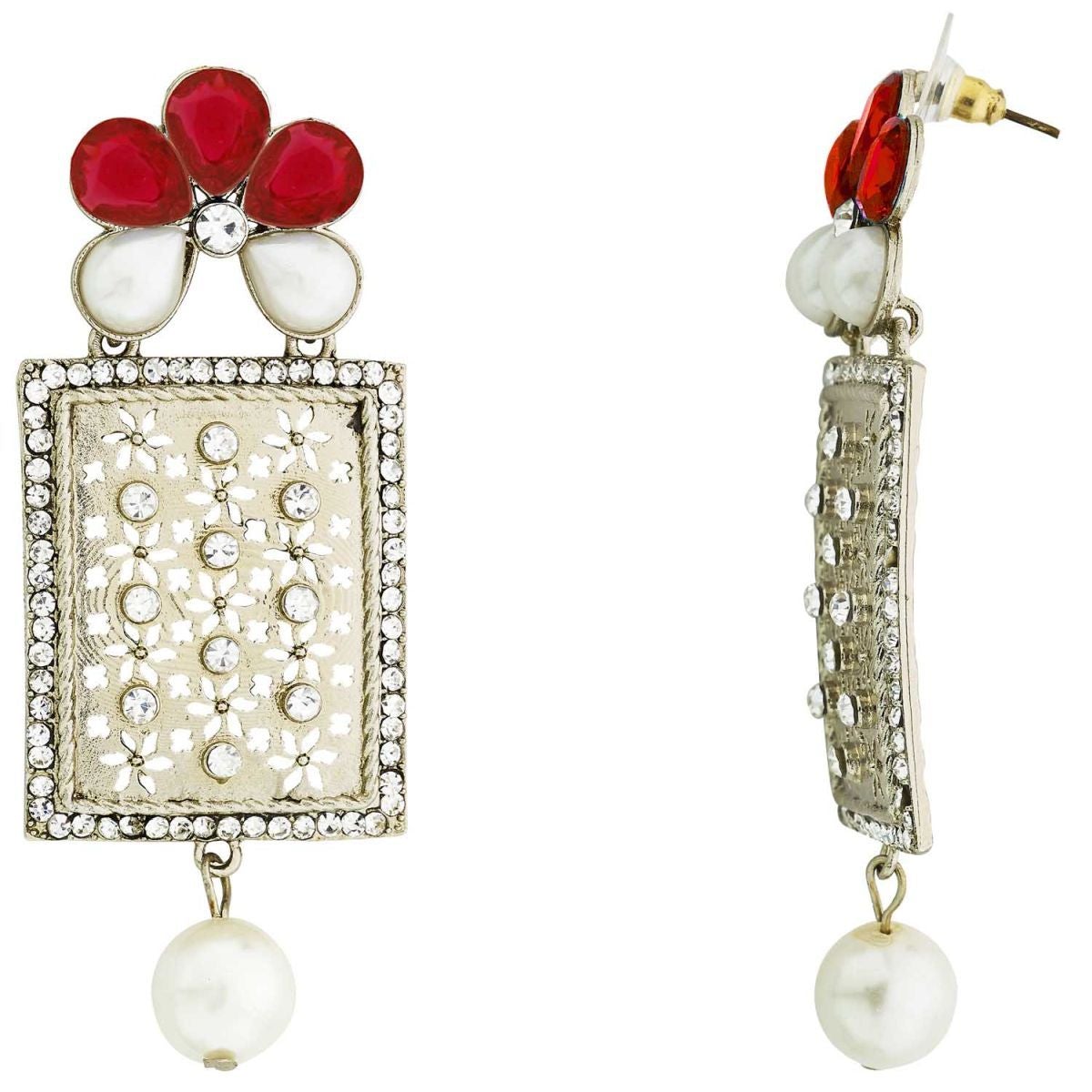 Designer American Diamond Pink Pearl Rhodium Long Earring Women Bulk Secondary image