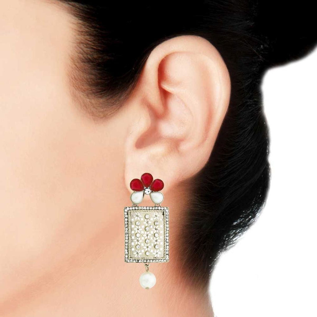 Designer American Diamond Pink Pearl Rhodium Long Earring Women Bulk