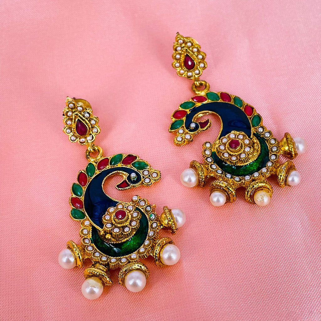 Peacock Meenakari Red Green Pearl Dangling Earring For Women Bulk