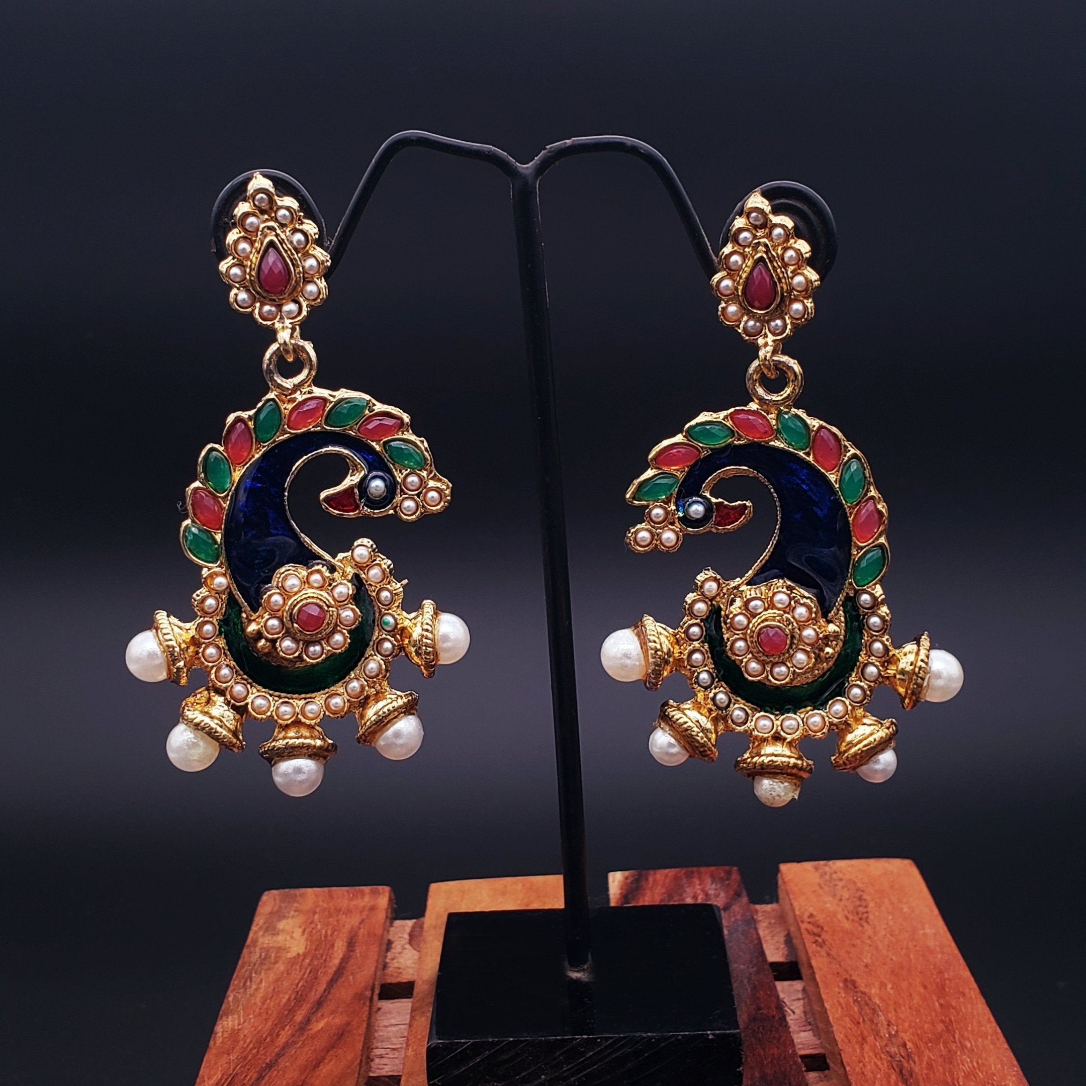 Peacock Meenakari Red Green Pearl Dangling Earring For Women Bulk