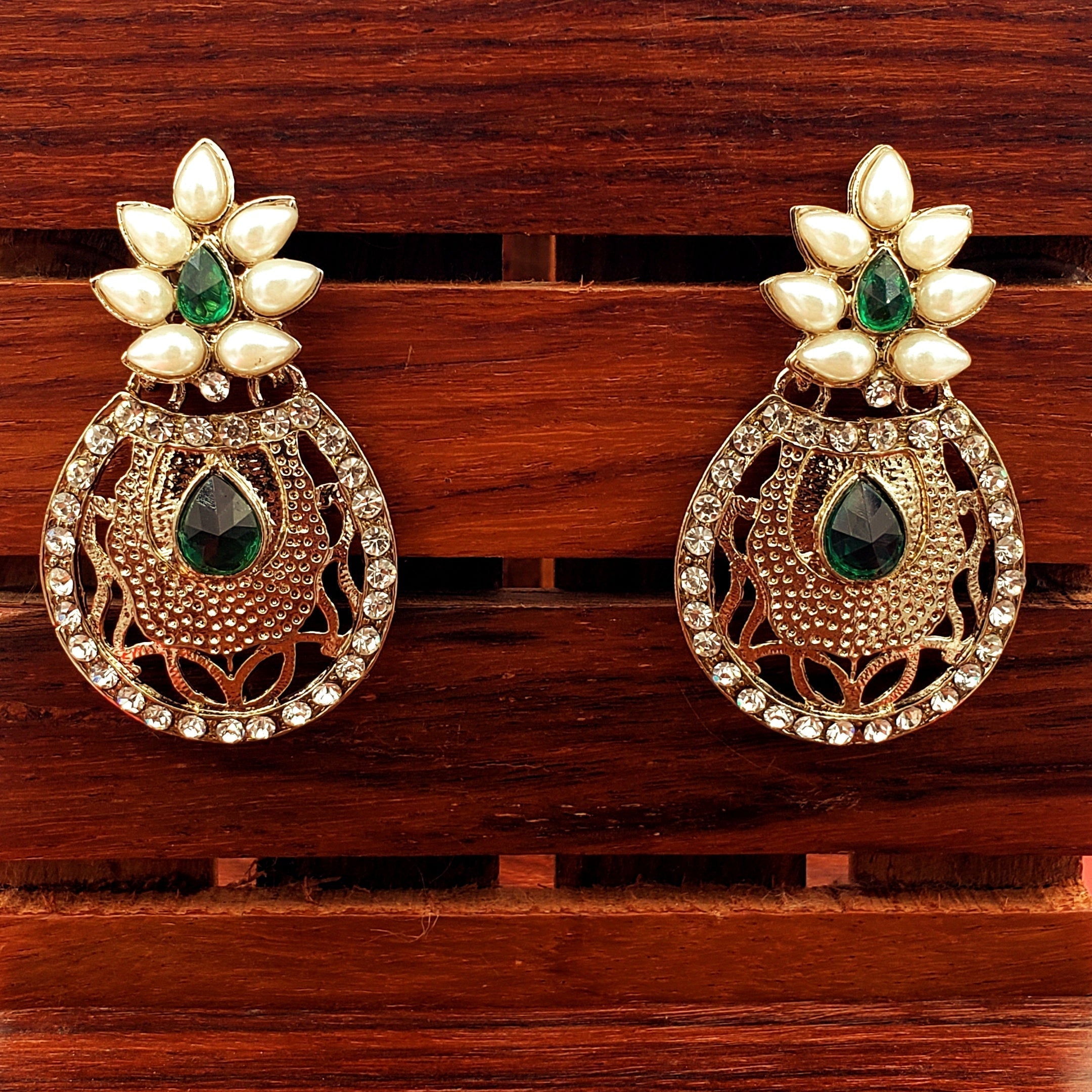 Flower Filigree Antique Rhodium Pearl Green Earring For Women Bulk