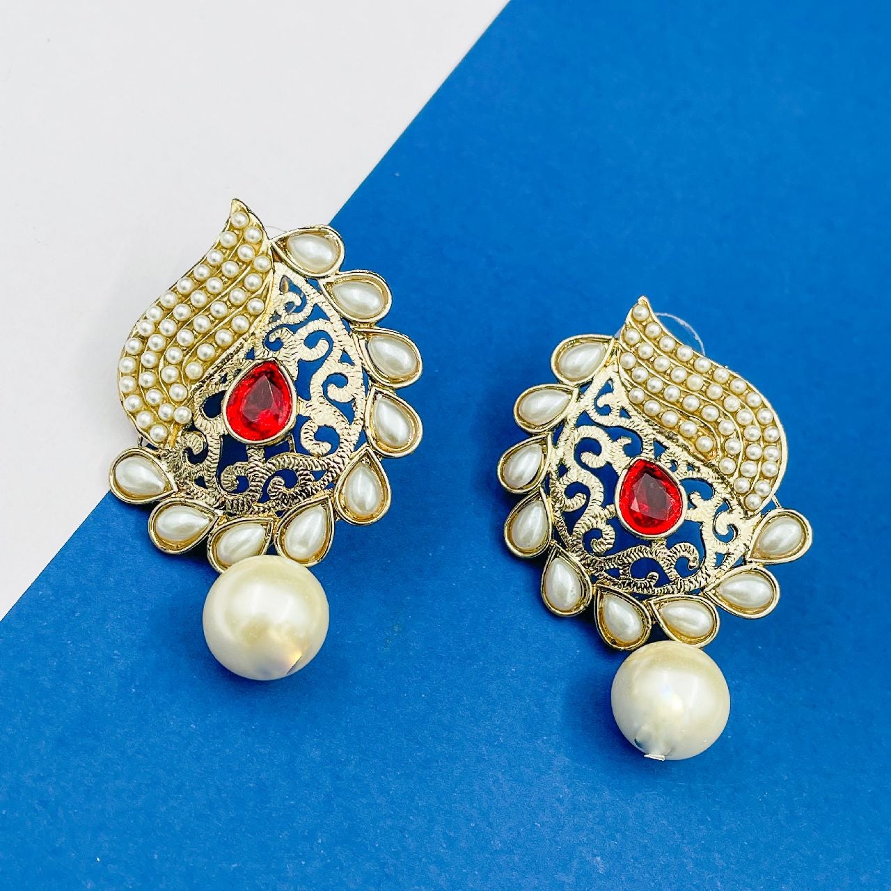 Paisley Filigree Antique Rhodium Pearl Red Earring For Women Bulk