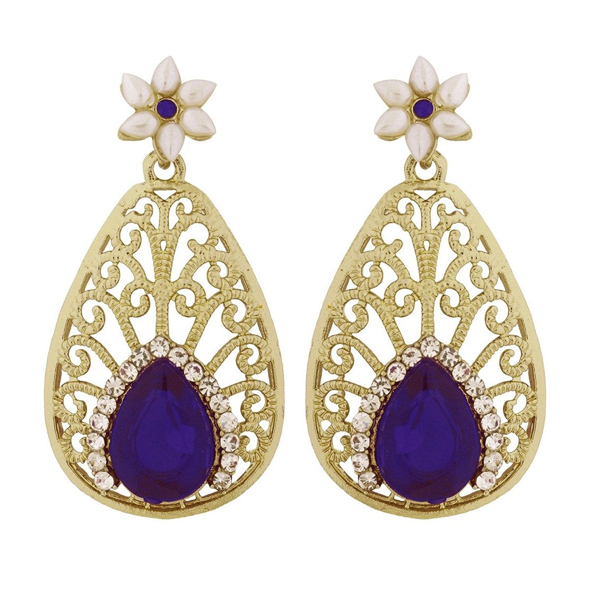 Pear Flower Filigree Antique Rhodium Pearl Blue Earring For Women Secondary image