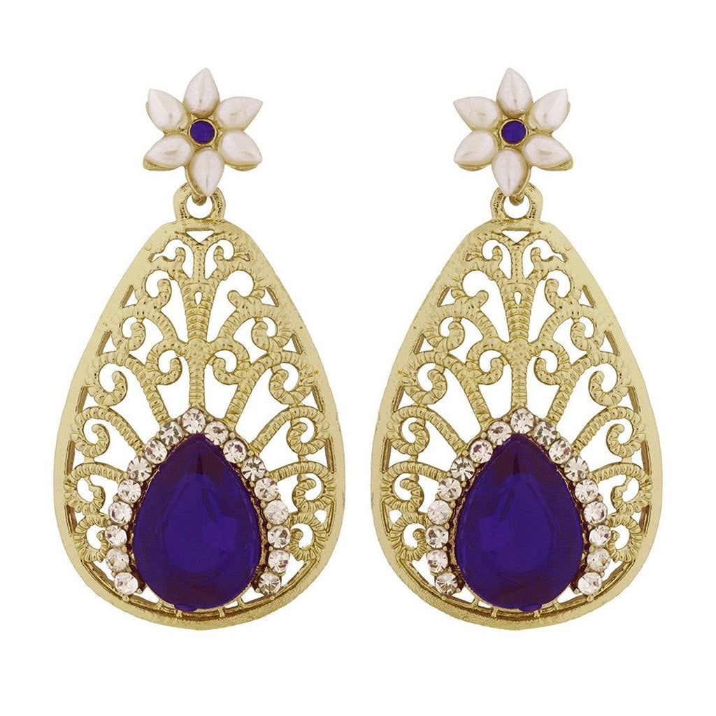 Pear Flower Filigree Antique Rhodium Pearl Blue Earring For Women
