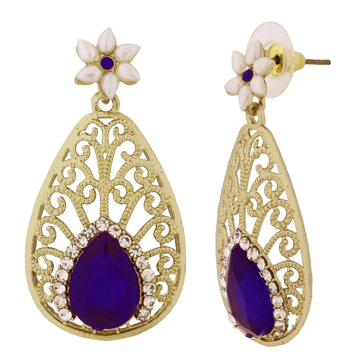 Pear Flower Filigree Antique Rhodium Pearl Blue Earring For Women