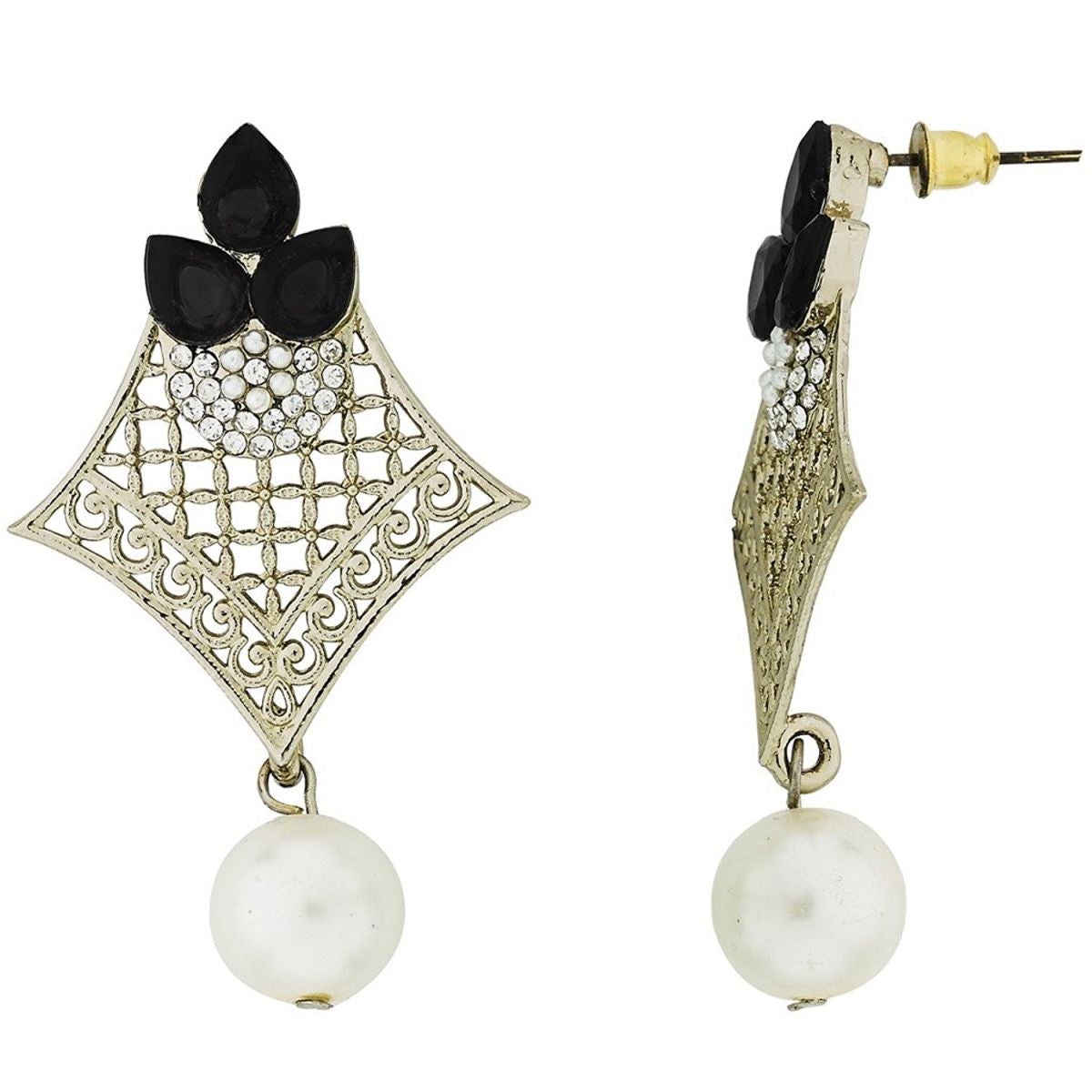 Pear Flower Filigree Antique Rhodium Pearl Black Earring Women Bulk
